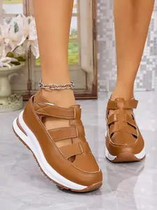 Summer New Women's Wedge Heel Thick Sole Sandals, Low Wedges Platform, PU Upper + Hollow Breathable Design, Waterproof Platform Casual Fashion Shoes, Walking Shoes