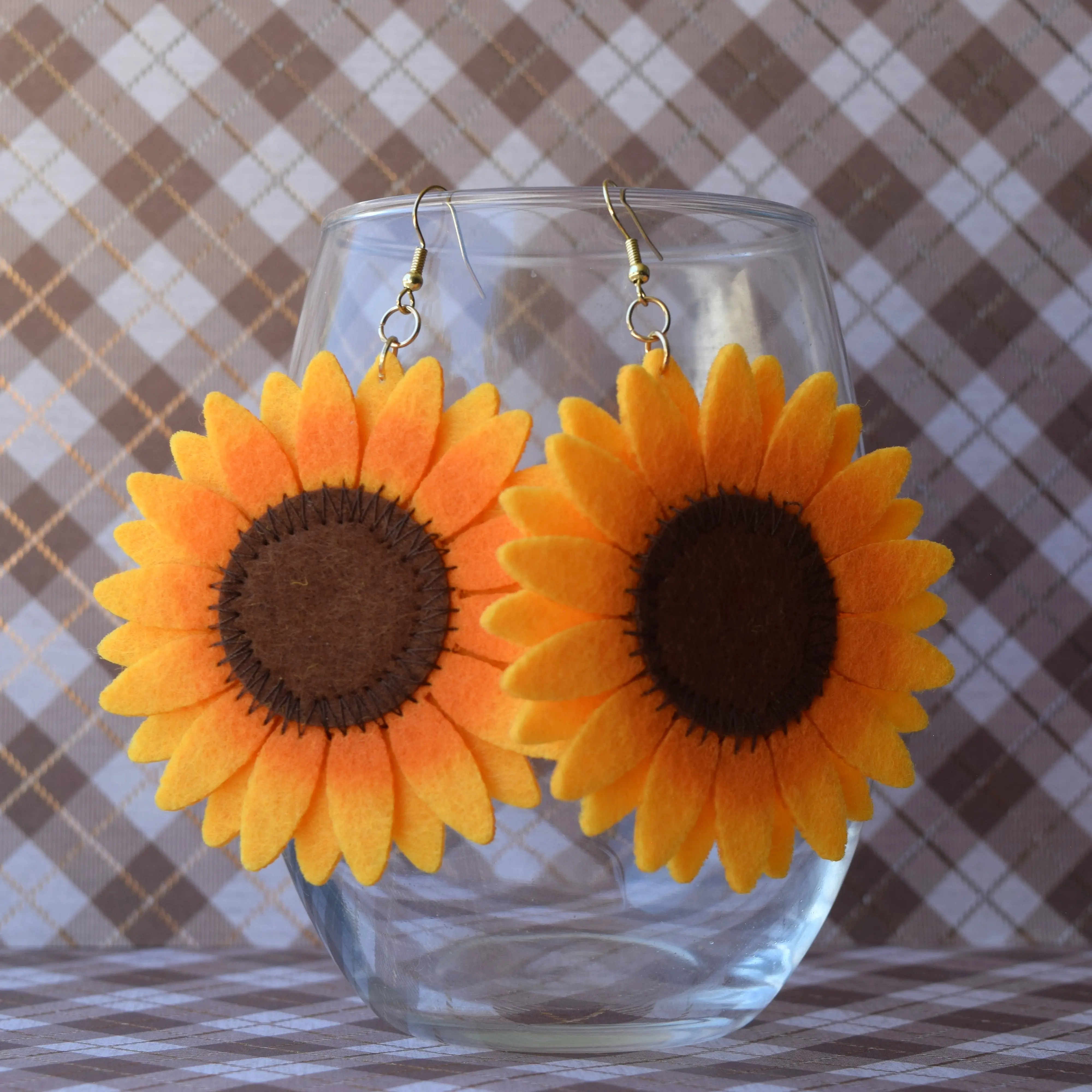 Sierra Miller Sunflower Felt Dangle and Drop Earrings - Unisex 3 Inch Bright Orange Felt Sunflower Earrings Perfect for Fall Gift