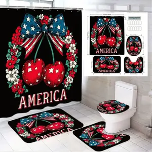 4pcs Patriotic Cherry Shower Curtain Set, Curtains with Cherries & Stars, America Text, The floor mat fabric is thicker and softer! Includes Toilet Seat Cover, Bath Mat, Rug