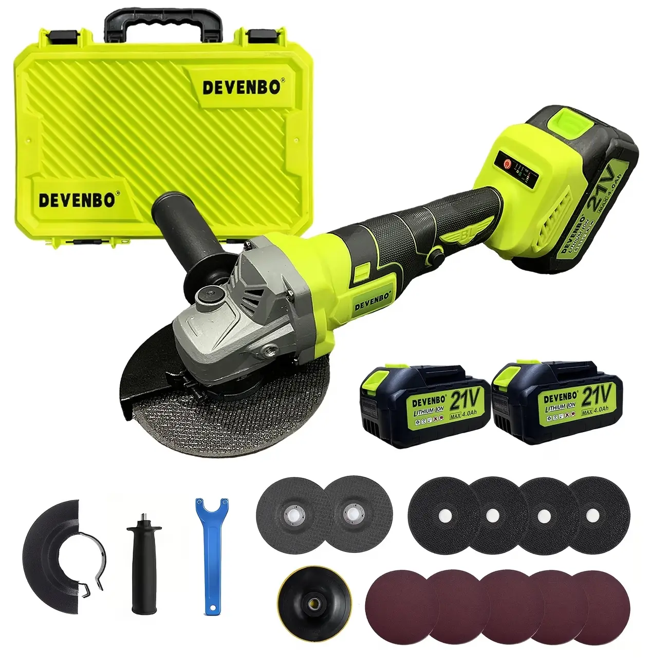 DEVENBO Cordless Angle Grinder Kit with 2x4.0An Batteries,   Brushless Electric Metal Grinder with Side Handle, Includes Lithium Battery, Fast Charger, for Precision Cutting & Grinding