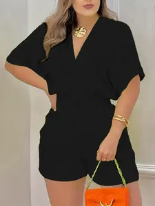 Women's Plain Basic Minimalist Knot Front Batwing Sleeve Romper, Casual V Neck Shirred Fit Romper for Summer, Fashion Women's Clothing for Daily Wear, Womenswear