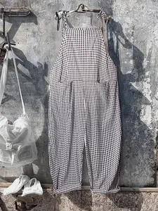 European Style Vintage Plaid Adjustable Tie Waist Jumpsuit, Plus Size Slimming Comfortable Breathable Loose Fit Wide Leg Rolled Hem Nine-Inch Daily Casual Versatile Overall Pants Casual Overalls Casual Comfy Jumpsuit
