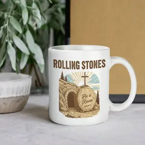 Rolling Stones He Is Risen Coffee 11oz & 15ozMug, Funny Christian Easter Gift, Religious Humor Coffee Cup, Resurrection Sunday Gift for Dad and Men, Vintage Aesthetic Faith-Based Mug