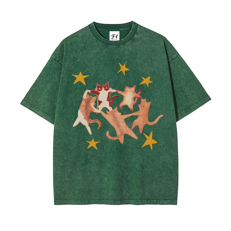 Unisex Starry Cats Illustration Art Pattern Washed Vintage T-Shirt - Cute Cartoon Cats T-Shirt ,Retro Streetwear Aesthetic Wash Cotton Shirt
