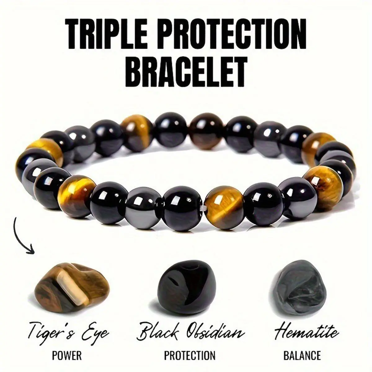 Women's 8mm Tiger Eye-Obsidian-Hematite Stretch Bracelet, High Quality Inspirational Beaded Jewelry, Triple Protection Healing Natural Gemstone Bracelet with Intuitively Chosen Crystals, High Quality Bracelet, Inspirational Beaded Bracelet