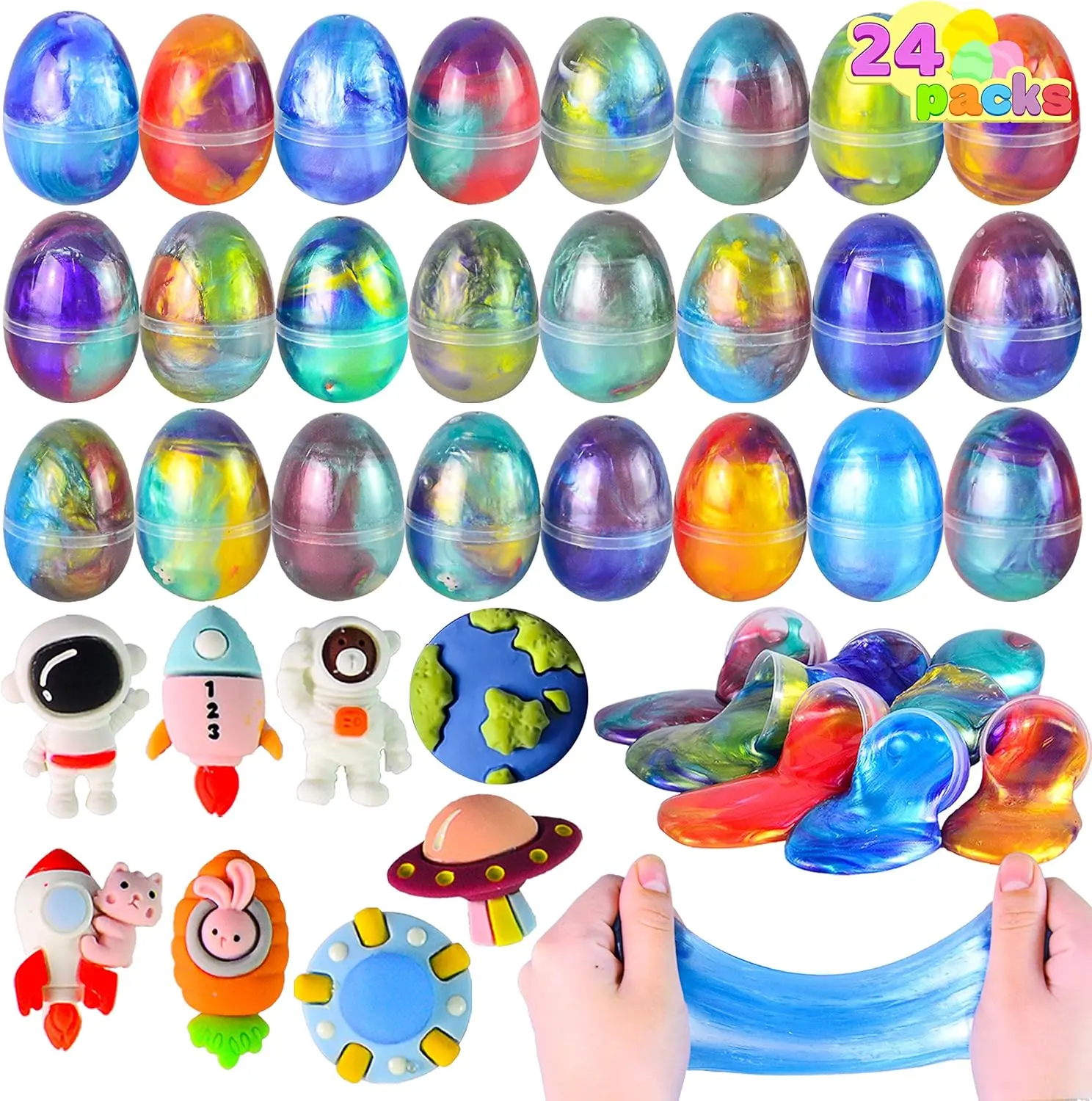JOYIN 24 Pcs Galaxy Slime Eggs with Toys, Unscented, Multi-color, Easter, Space Theme, 3+ Years, Small, Multi Color, Slime with Toys, Putty, Childrens Multi-item Party Favor Packs, Unisex Children