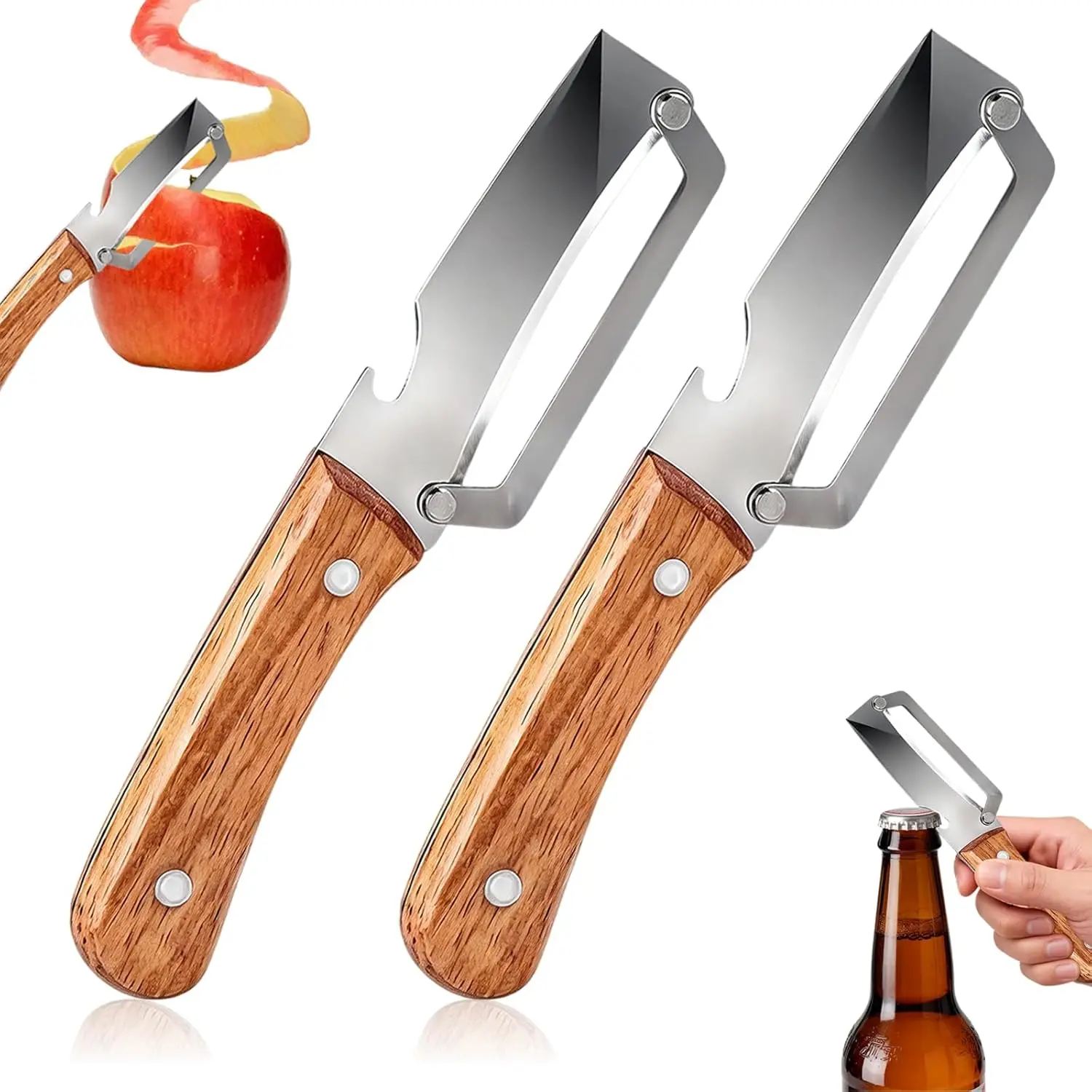 NO BRANDE 2PCS 2-in-1 Multifunctional Stainless Steel Blade Peeler - Lightweight Kitchen Utensils with Wooden Handle, Built-in Bottle Opener, Snag-Free for Smooth Peeling of Potato, Pumpkin, Papaya