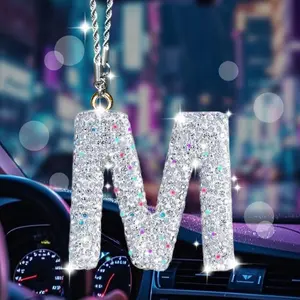 Sparkling Initial Car Mirror Charm Rearview Mirror Pendant 26 Letters Rhinestone Pendant