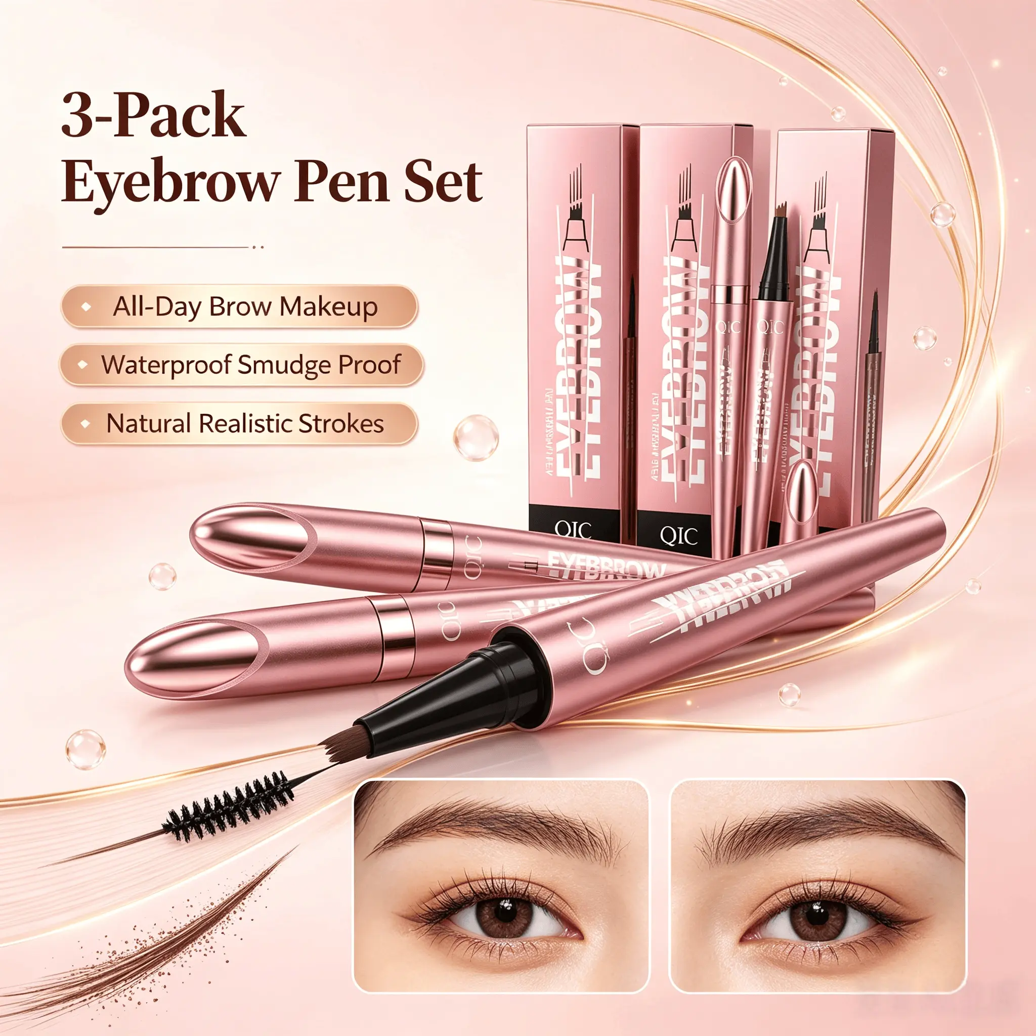 Medium Brown 02# QIC 4 Prong Eyebrow Pen, All-Day Waterproof Brow Makeup Pen, Natural Hair Stroke Effect Sweat Resistant Eyebrow Ink micro fork hair-like