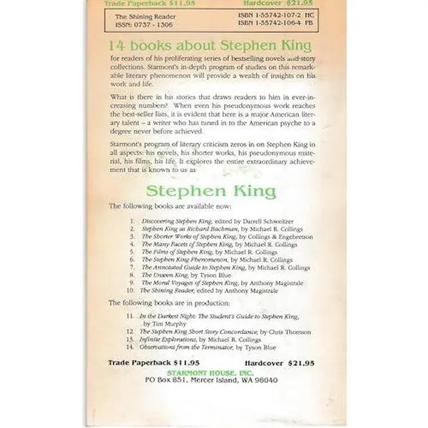 USED Book - The Shining Reader (Starmont Studies in Literary Criticism, 30) by Tony Magistrale (Paperback) - english