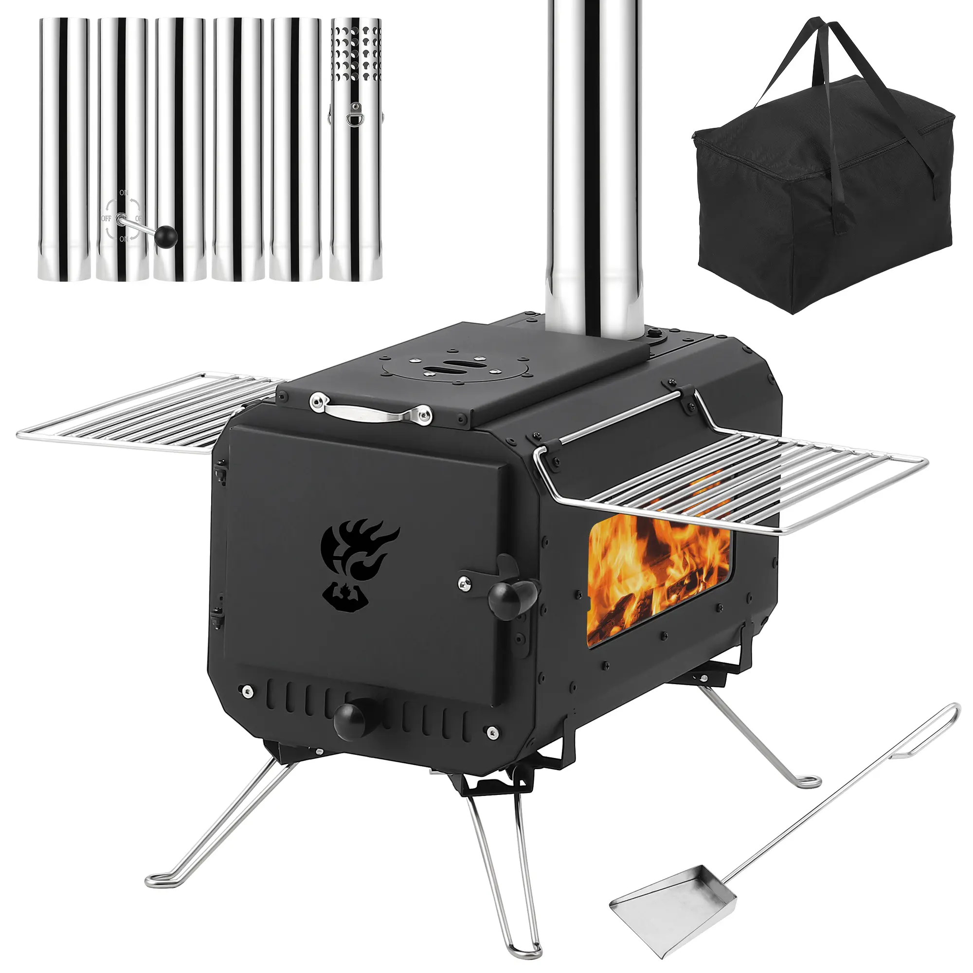 Portable Cast Iron Firewood Cooking Tent Stove – Outdoor Camping Heater – Viewing Glass & Chimney Pipe – Ideal for Tents, Hiking, Ice Fishing, Cookouts, Travel Portable Cast Iron Firewood Cooking Tent Stove