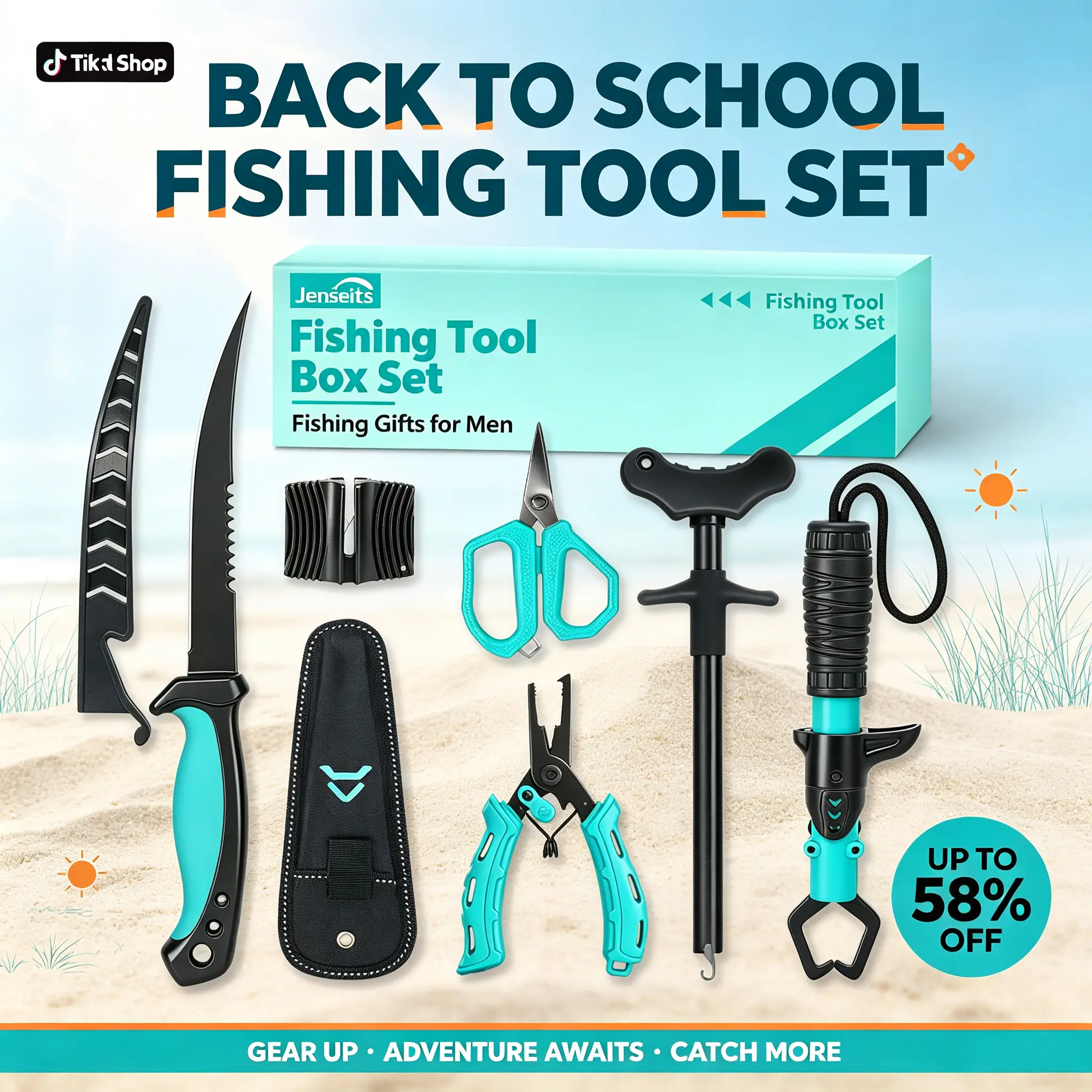 【Back to School Gift】Jenseits Premium 6-Piece Fishing Gear and Equipment Multi-Tool Set - Corrosion-Resistant Spinning Gear for Men Fishermen, Includes Pliers, Fillet Knife, Fish Lip Gripper, Hook Remover, Scissors, Sharpening Stone