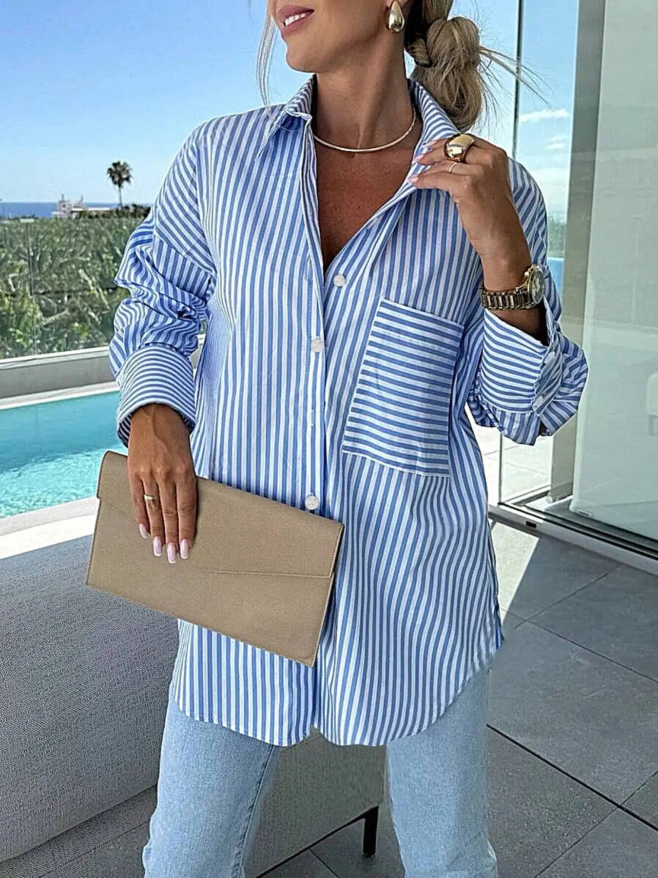 Fashion Plus Size Women's Striped Printed Fitted Long-Sleeve Casual Fitted Collared Woven Shirt Blouses Womenswear