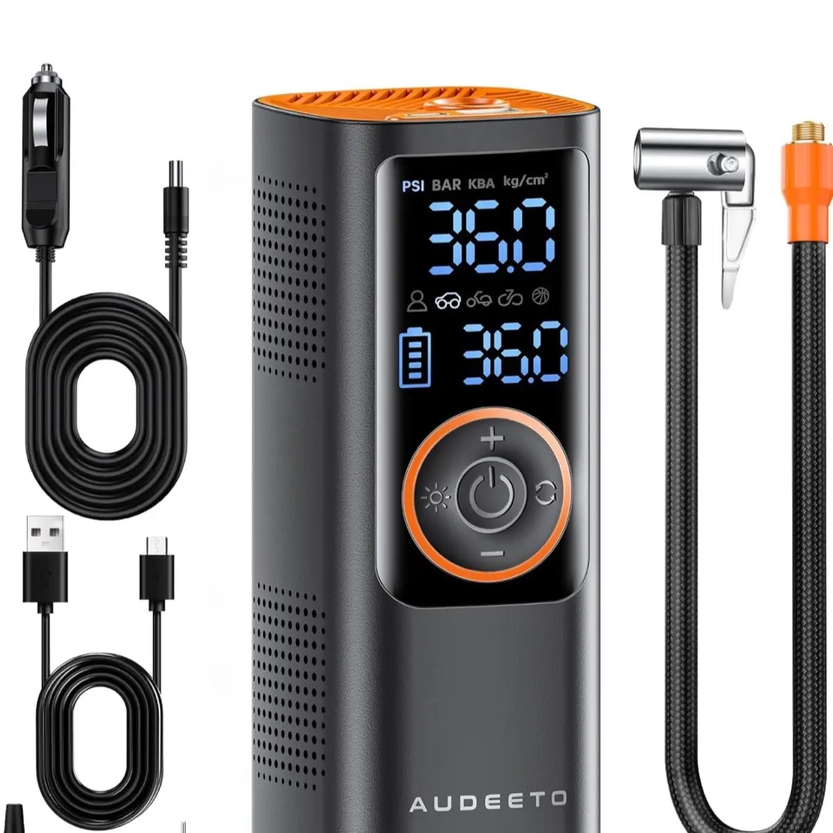 AUDEETO Portable Air Pump with Type C Input Digital Display and Hose Included for Convenient Use