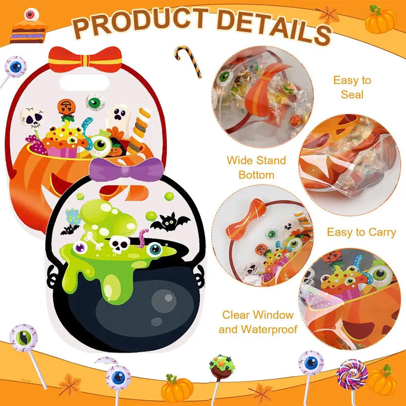 Halloween Candy Bags - Clear Window Waterproof Stand Up Treat Pouch with Handle & Seal, Trick or Treat Goodie Bags for Halloween Party Favors & Classroom Treats, Cute Gift for Kids
