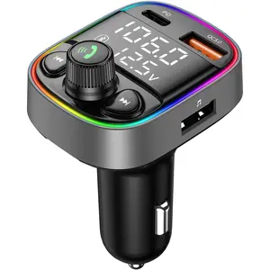 USB C Bluetooth Car Adapter, Wireless Handsfree Call, FM Transmitter Radio Receiver, QC3.0 & Type-C Car Charger, 7 Color Backlit with 2 LED Displays, TF Card & Music Stereo Player