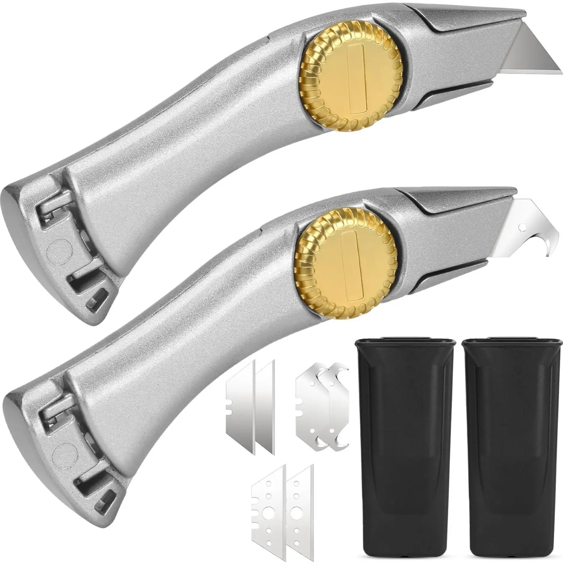 2PCS Fixed Blade Roofing Utility Knife Set with Holster Belt Clip, 3-Function Box Cutter for Carpet, Construction, Indoor & Outdoor Cutting, Silver