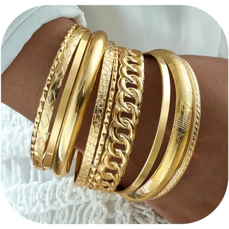 Gold Plated Bracelets for Women, 10-Piece Boho Textured Bangle Set, Chunky Stackable Design, Indian Style Costume Jewelry, Accessories For Women, Stacked Design Bracelets, Bangles, 10‑Piece Boho Set