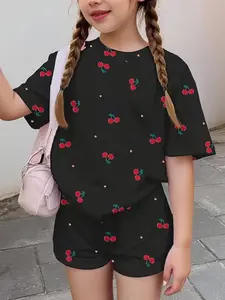 Spring Summer Cute Mini Heart Sakura Print 'sakura Girl' Casual Teenage Girls Short Sleeve Shorts Set, Perfect for Summer Beach Vacation, Casual Fashion Set