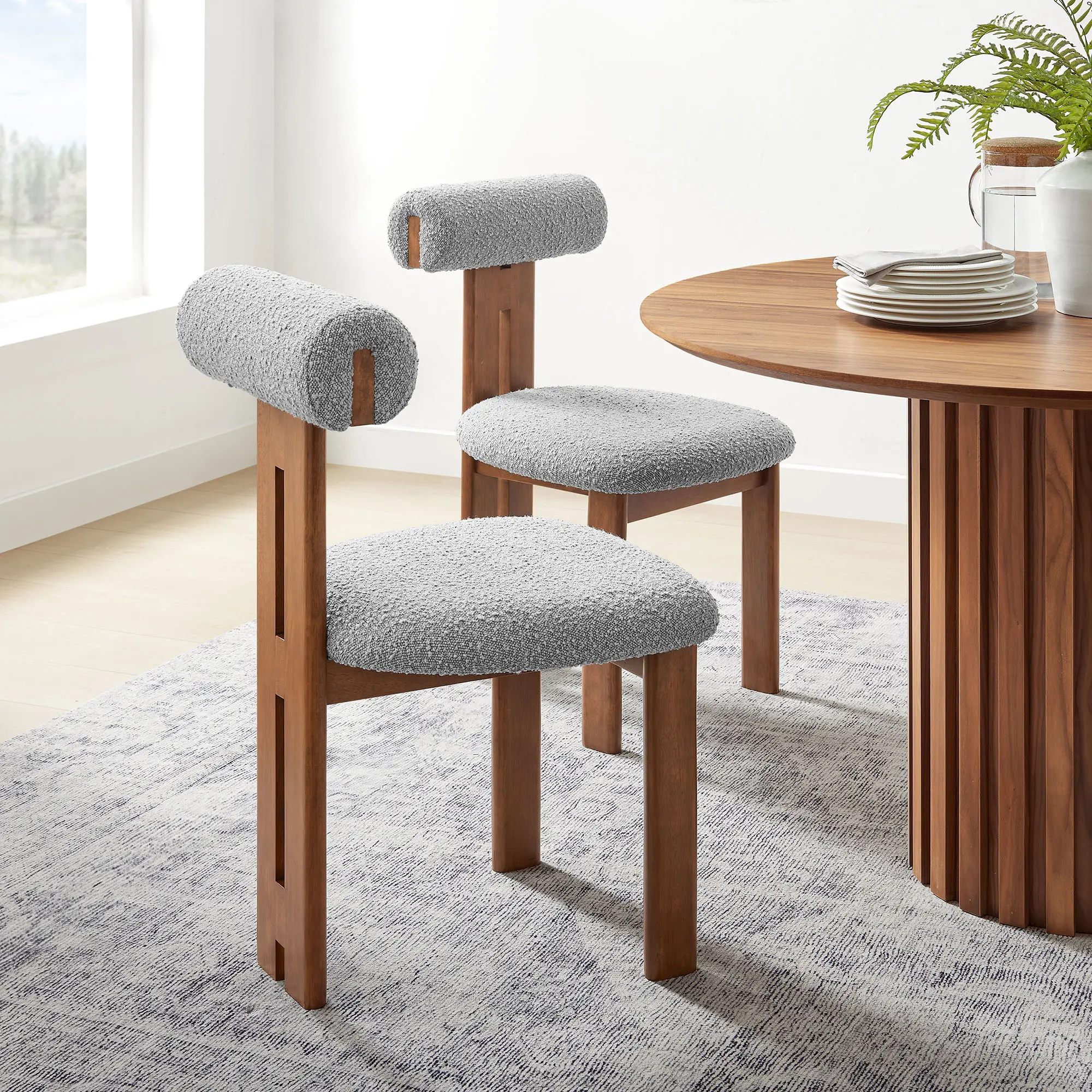 Torian Boucle Fabric Dining Chair Set of 2 in Walnut Light Gray Torian Boucle Fabric Dining Chair Set of 2 in Walnut Light Gray
