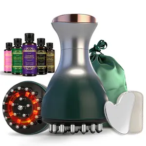 Professional Handheld Massager Kit with 5 x 50ml Massage Oils (Lavender, Vanilla, Sore Muscle, Syringa & Anti-Cellulite) and Gua Sha Tool for Muscle  Heat & Vibration for Full-Body Care on Neck, Back, Arms, Waist, Belly & Legs