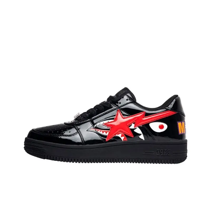 Glossy Black Patent Leather Low Top Skate Sneakers Red Star & Shark Graphic Print Black Rubber Thick Sole Lace-up Casual Shoes For Streetwear Hip-hop Outfits Daily Hangout Night Out