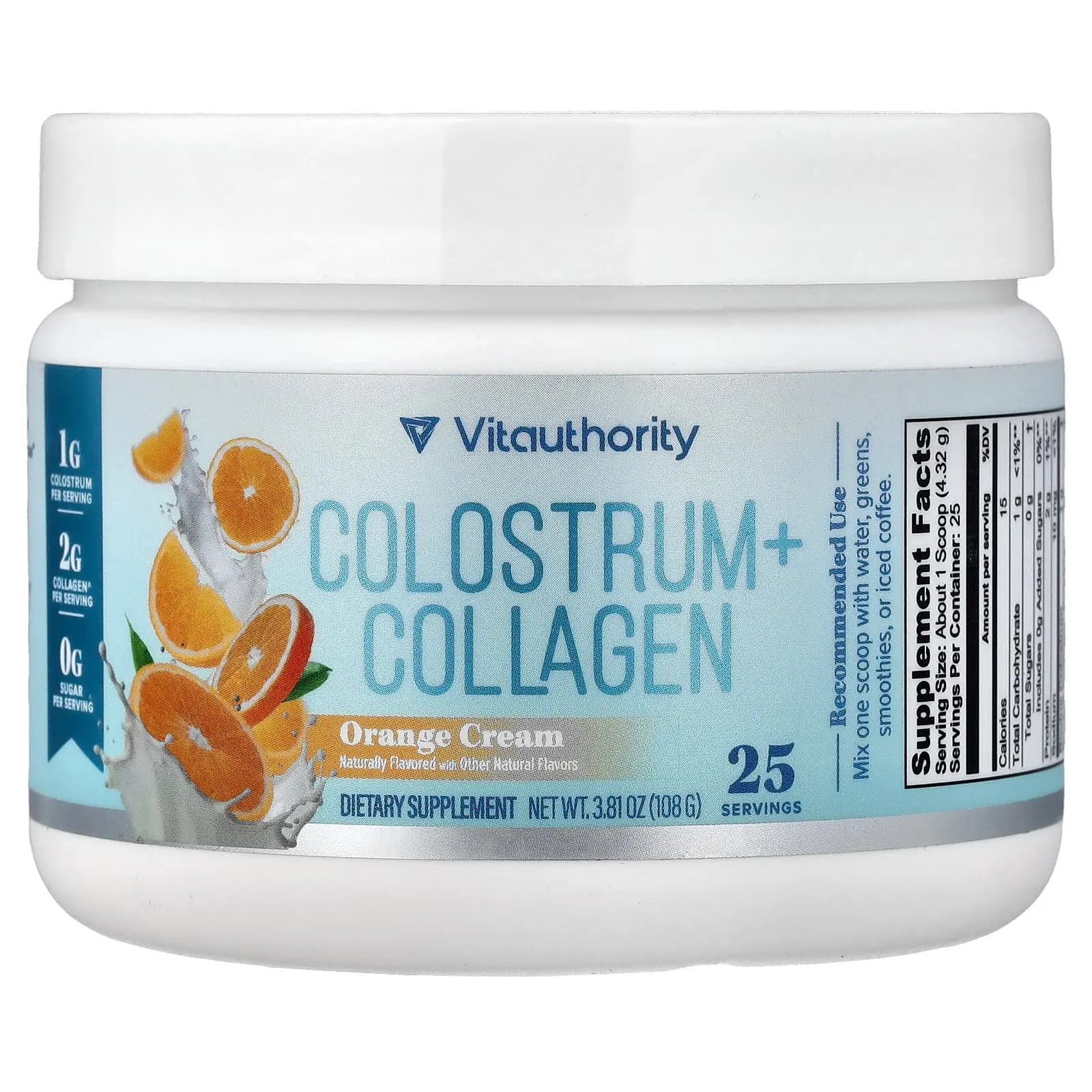 Vitauthority Colostrum + Collagen, Orange Cream, 3.81 oz (108 g)