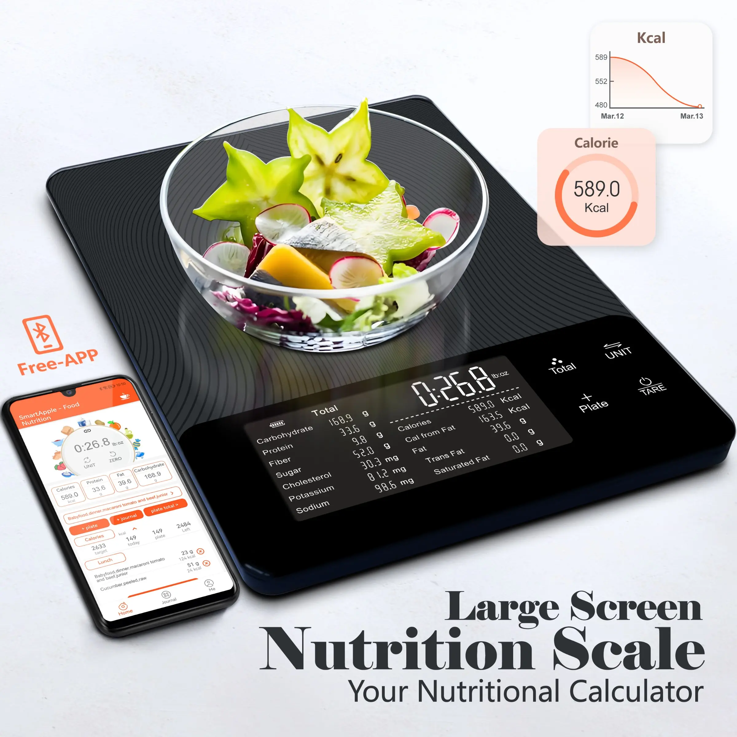 1 pc Smart Food Kitchen Scale with Nutritional Calculator, Free App with 30 Nutrients Tracking, Grams/Ounces Display, Smart Scale for Calorie and Macro Tracking, Portion Control, Fitness Tracking and Weight Loss, 10 kg / 22 lb Capacity
