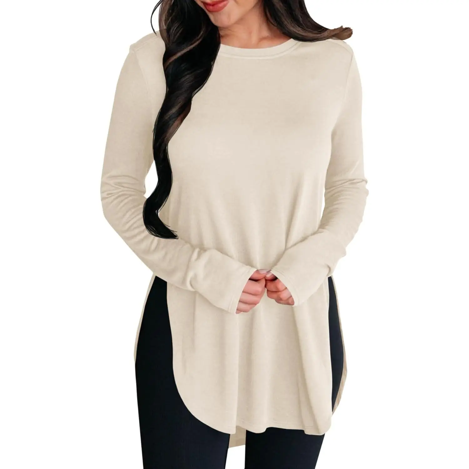 Womens Long Sleeve Tunic Tops Fall Casual Crew Neck Side Split Hi-Low Hem Loose Shirts To Wear With Leggings,back to school,back to school shopping,clothes for back to school,first day of school outfits