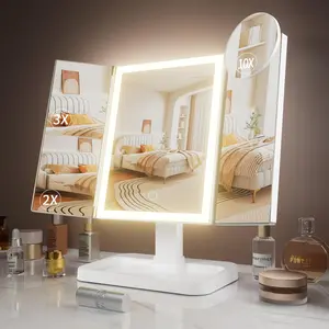 Makeup Mirror Vanity Mirror with Lights, Trifold Rechargeable Lighted Mirror with 1X 2X 3X Magnification, 76 LEDs & 3 Color Modes, Gifts for Women, Wife, Teengirls