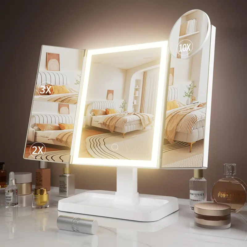 Makeup Mirror Vanity Mirror with Lights, Trifold Rechargeable Lighted Mirror with 1X 2X 3X Magnification, 76 LEDs & 3 Color Modes, Gifts for Women, Wife, Teengirls