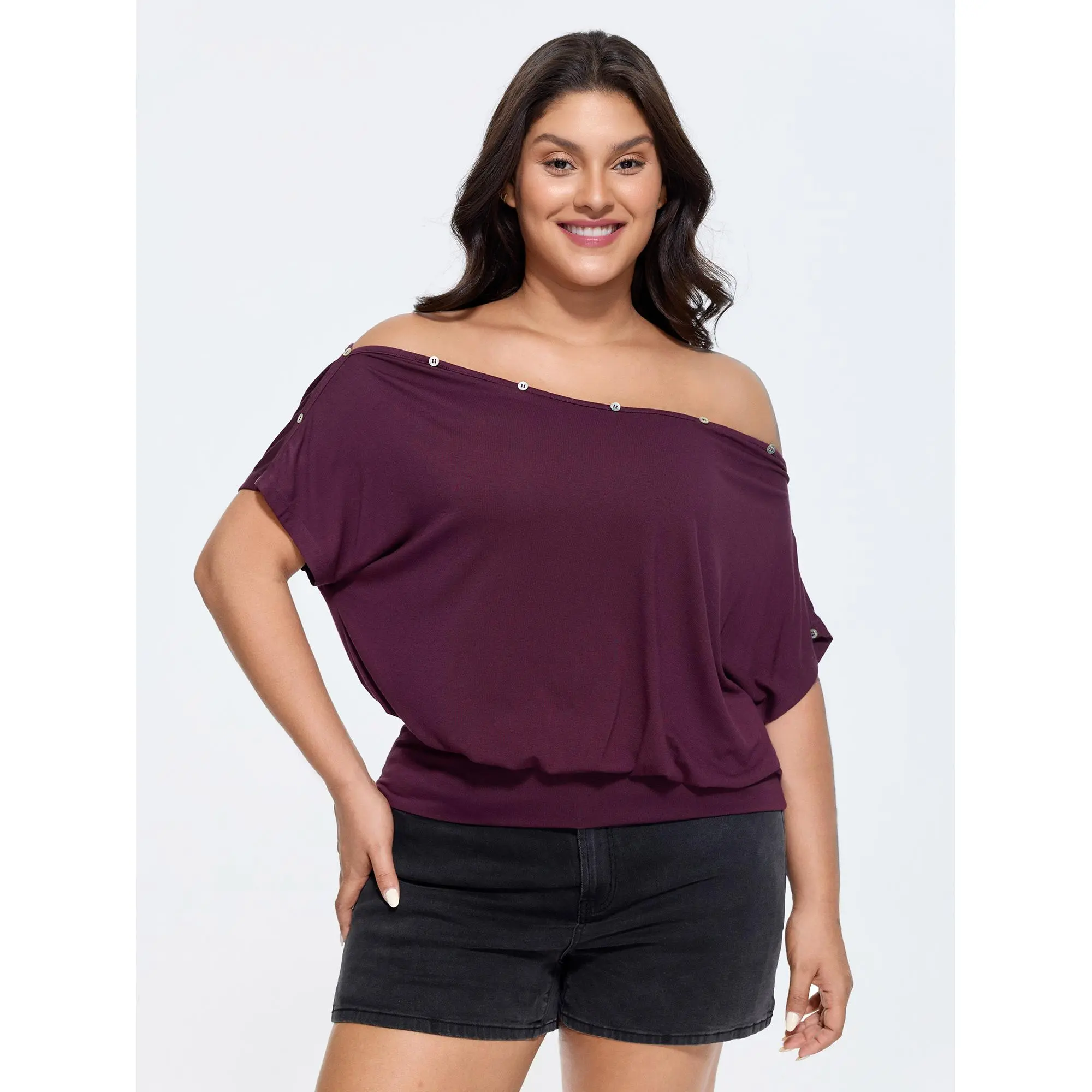 BloomChic Plus Size Top, Casual Solid Off-Shoulder Dolman Short Sleeve with Button Detail, Stretchy Rayon Spandex Fabric, Garment, Basic, Shortsleeve, Fit, Off Shoulder Tops, Stretchy Fabric, Do Not Tumble Dry, Short Sleeves, Loose-Fitting, Machine Wash