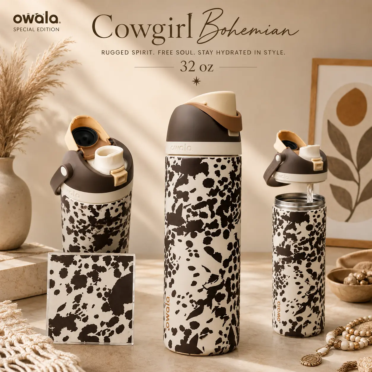 Viral Owala FreeSip 32oz Cowgirl Core | Brown Cow Print Special Edition | Must-Have Water Bottle