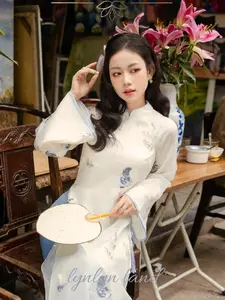 Pastel Blue Cream High Quality Butterfly Embroidery Organza Ao Dai Cach Tan|Pre-made Vietnamese Women Modern Lunar New Year Dress with Pants