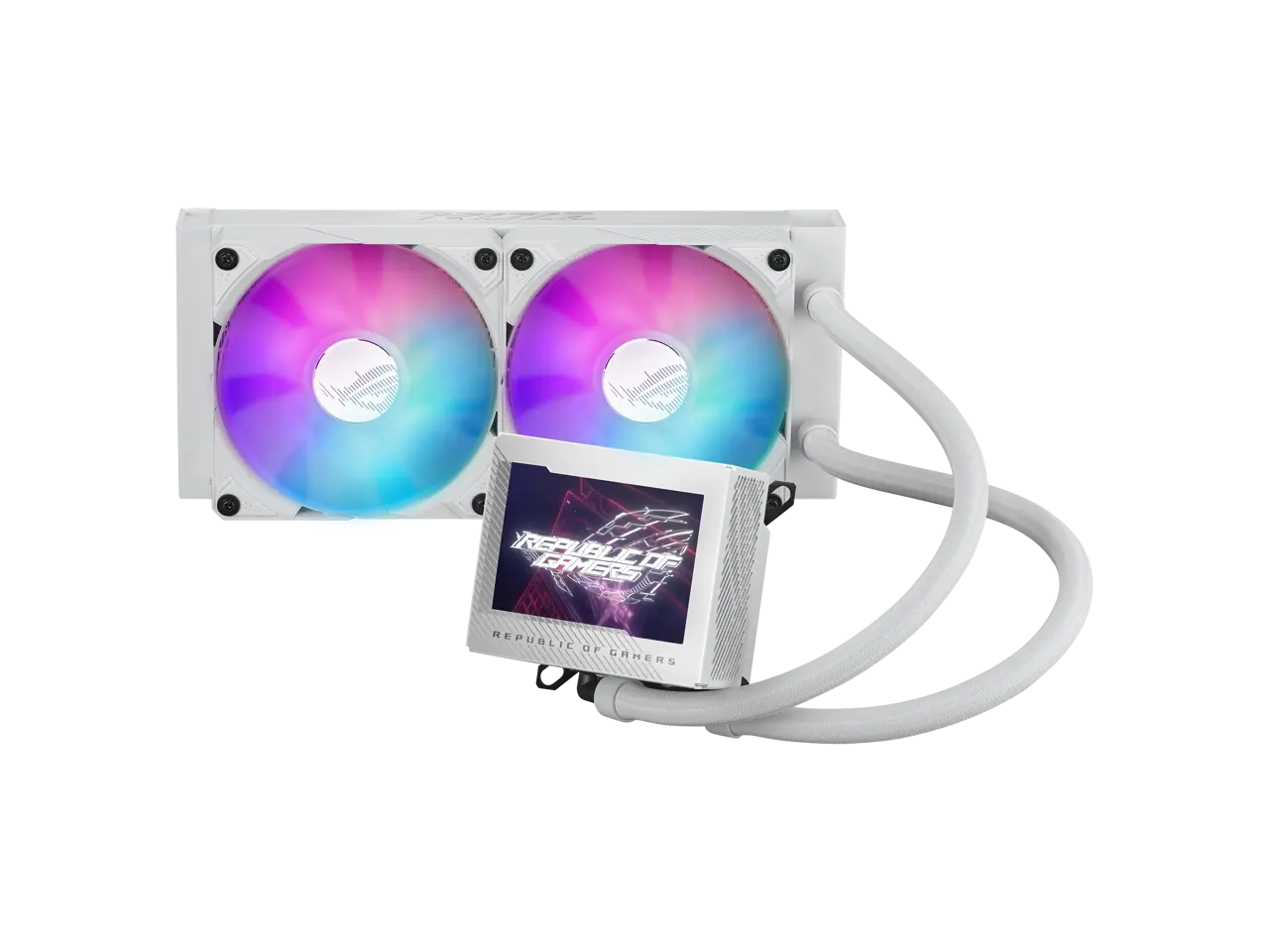 ASUS ROG Ryujin III 240 ARGB WHT all-in-one liquid CPU cooler with 240mm radiator. Asetek 8th gen pump, 2x magnetic 120mm ARGB fans (Daisy Chain design), 3.5” LCD display