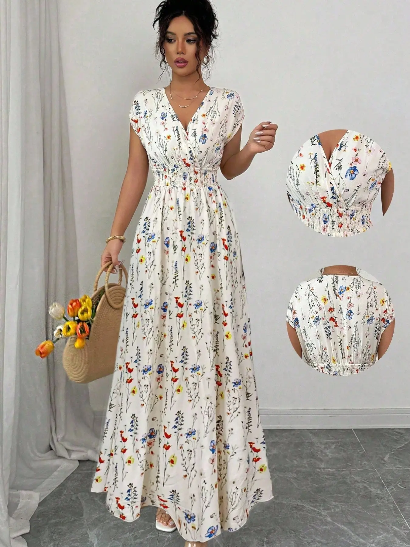 Women's Chic Floral V-Neck Sleeveless Cinched-Waist Long Dress, Comfortable & Stylish Design, Elegant Style Casual Wear