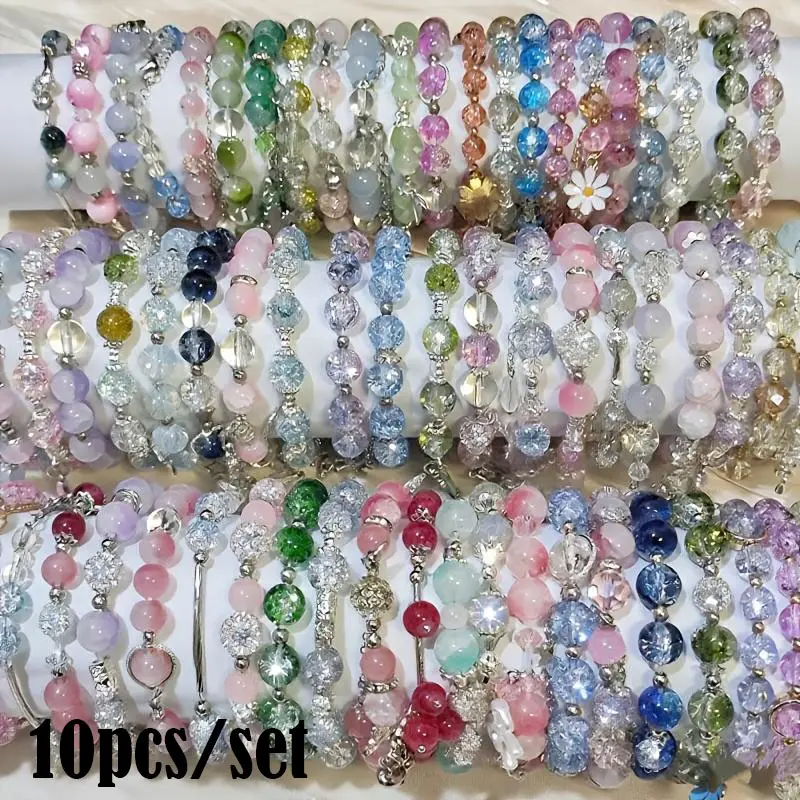 10pcs Fashion Elegant Glass Bead Bracelet Set, Sparkling Crackle Beads with Floral Butterfly Fish Tail Star Bow Pendants, Unique Niche Design - Color and Style Shipping - Stackable Bracelet Set for Valentine's Day, Birthday, Anniversary