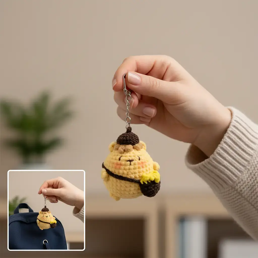Cute Honey Bear Crochet Keychain - Handmade Kawaii Plush Bag Charm Gift