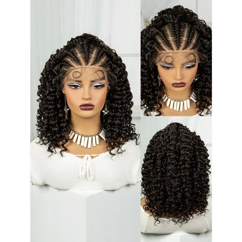 Synthetic Lace Front Braided Wigs With Baby Hair For  16 Inches Knotless Box Braided Hair Wigs Curly Bob Braided Lace Wigs