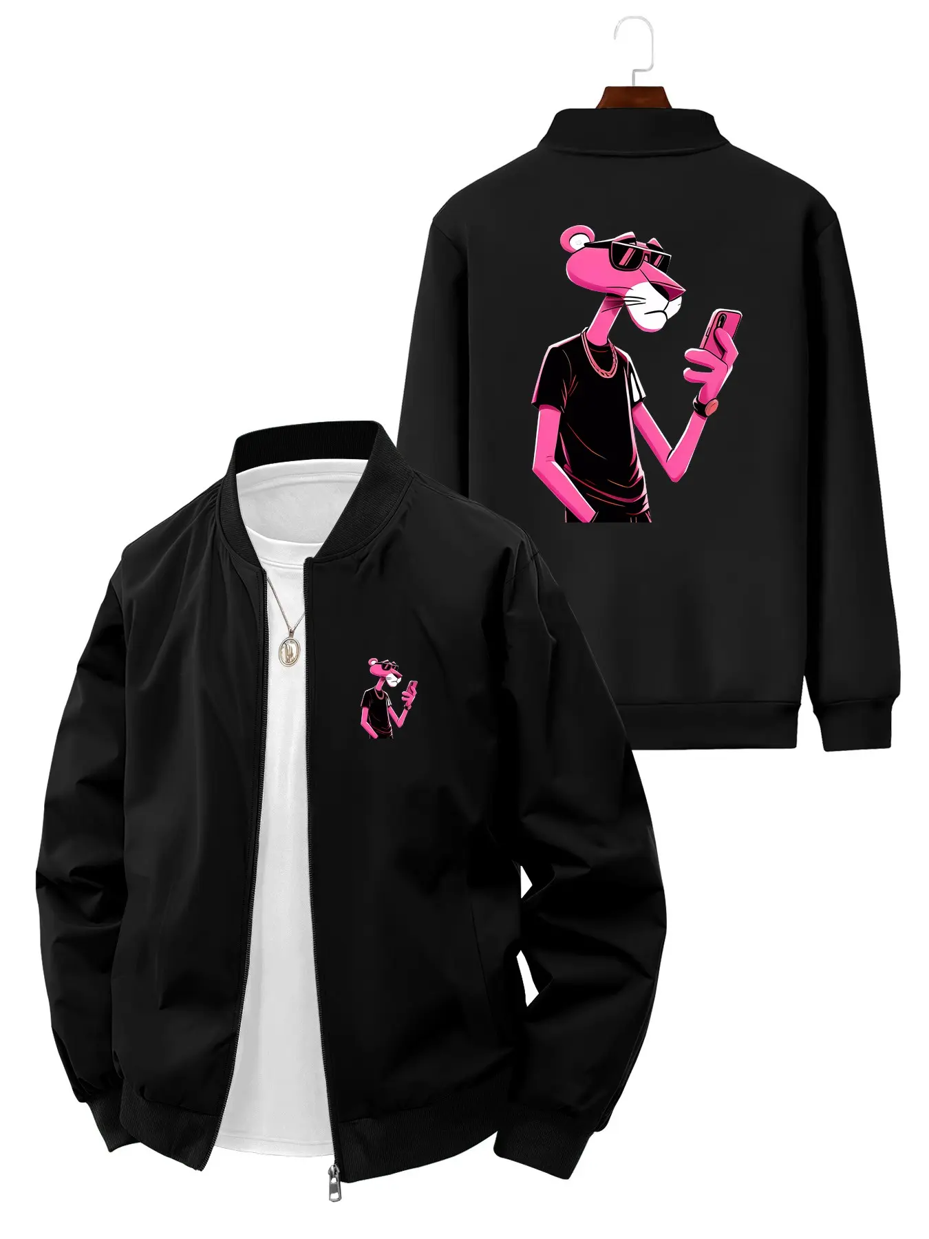 Trendy Fashion Men's Pink Panther Holding Phone Printed Long Sleeve Jacket Coats for Daily Casual Street Style and Outdoor Activities