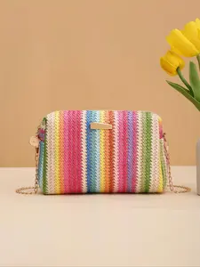 Summer 2025 Colorblock Straw Woven Crossbody Bag, Straw woven material, Crochet Bags, Casual Trendy Shoulder Bag, Chain Bag for Women, Everyday Bags, Square Bag for Beach Vacation, Casual Trendy Purses, Unique Bags, Casual Fashion Bag