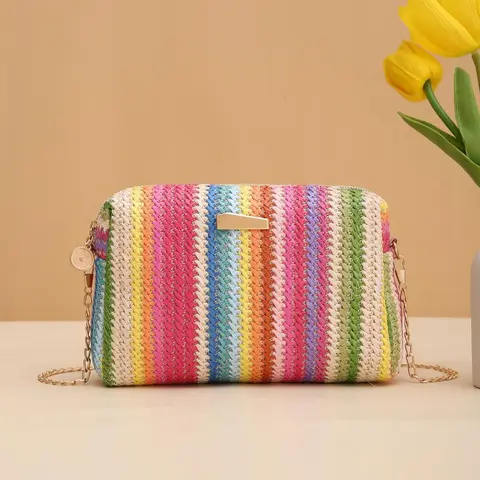Summer 2025 Colorblock Straw Woven Crossbody Bag, Crochet Bags, Casual Trendy Shoulder Bag, Fashionable Casual Bag, Chain Bag for Women, Everyday Bags, Square Bag for Beach Vacation, Casual Trendy Purses, Casual Fashion Bag