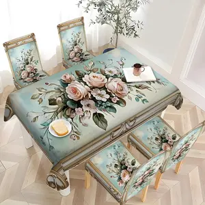 2/4/6/5/7 pieces of fashionable and high-end chair cover and tablecloth sets, thickened chair cover and tablecloth sets (1 tablecloth + 4 chair covers or 1 tablecloth + 6 chair covers), easy to care for, reusable, for home decoration