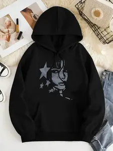 Women's Star & Figure Print Drawstring Pocket Hoodie, Casual Drop Shoulder Long Sleeve Hooded Sweatshirt, Ladies Fall & Winter Clothes for Daily Wear