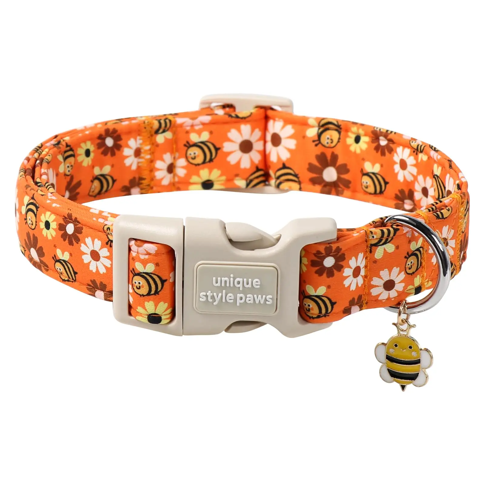 Unique Style Paws Dog Collar - Plastic Buckle, Bee & Daisy Pendant, Adjustable Basic Collar for Small, Medium, Large Dogs