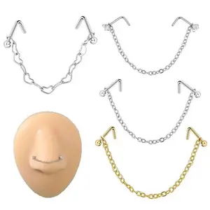 Men's  Women's Nose Puture Jewelry Nose Studs Nostril Chain L-shaped Four-claw Nose Stud Ring Set