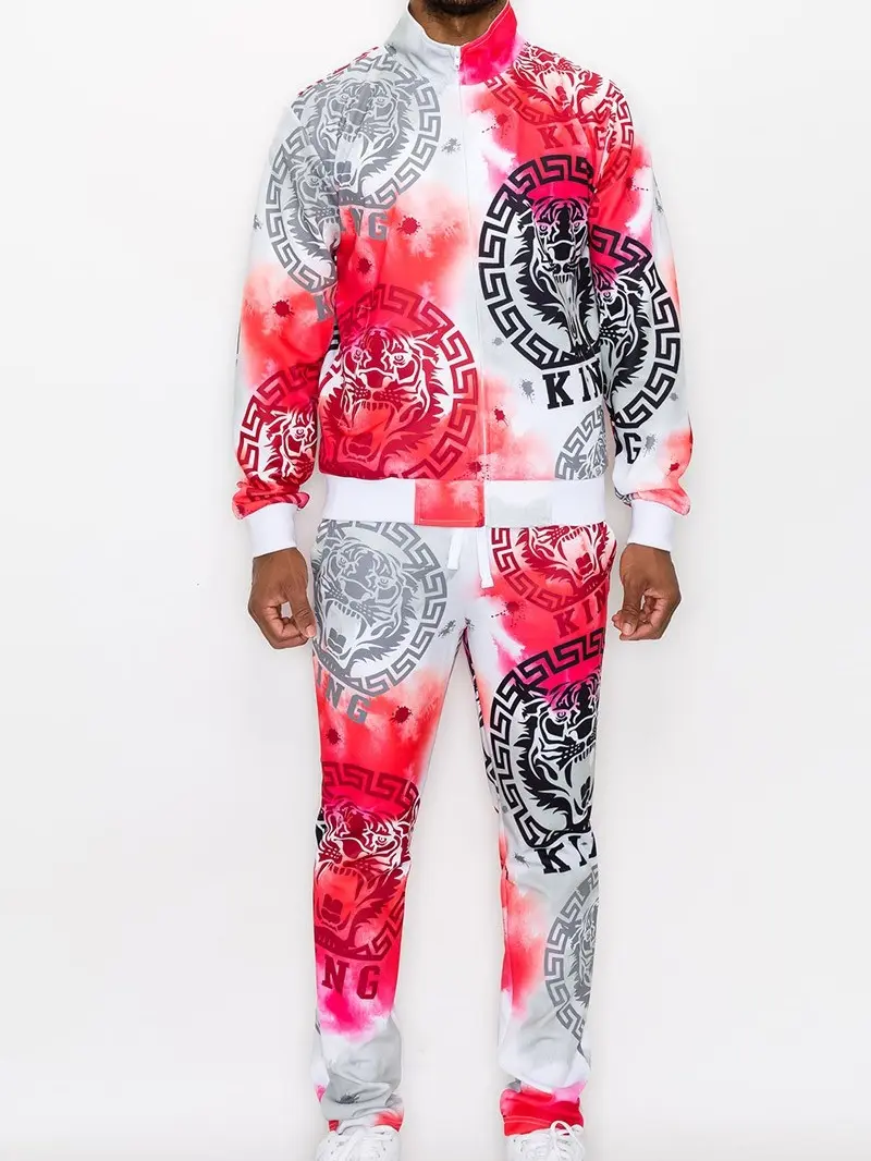 Men's Victorious Tiger King Track Suit - Stylish Tie-Dye Set with Zip Closure, Side Pockets & Comfortable Long Sleeves, Camouflage Design