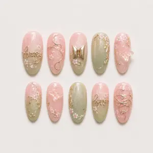 Press On False Nails, 2026 K-pop OT7 Reunion Comeback Member Name Art, Pink-Sage-Gold Nail Art Decoration