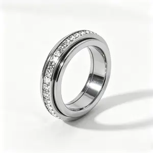 Anxiety Relieving Spinner Fidget Rings for Women and Men, Titanium Steel Cubic Zirconia Band Rings, Lucky Wedding Promise Rings, Comfort Fit Size 5-12, Valentine’s Day Gift