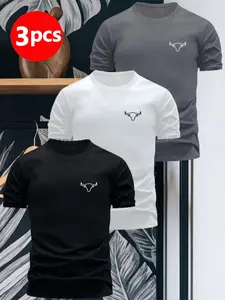 Men's New Round Neck Short Sleeve T-Shirt Set, Hollow Cow Head Print, Loose Fit, Casual Commute Wear, All Seasons Comfort